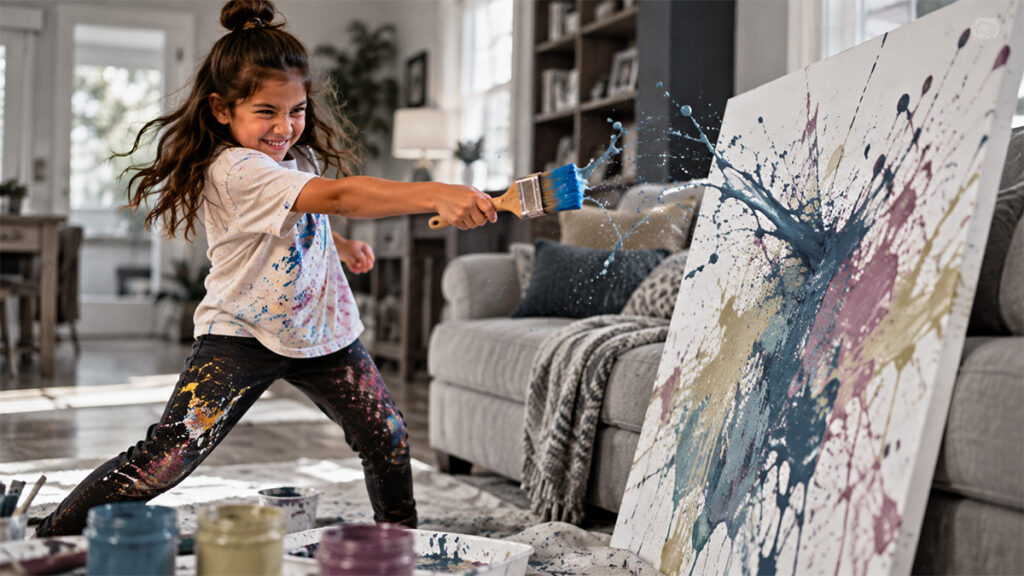 Student painting alone at home